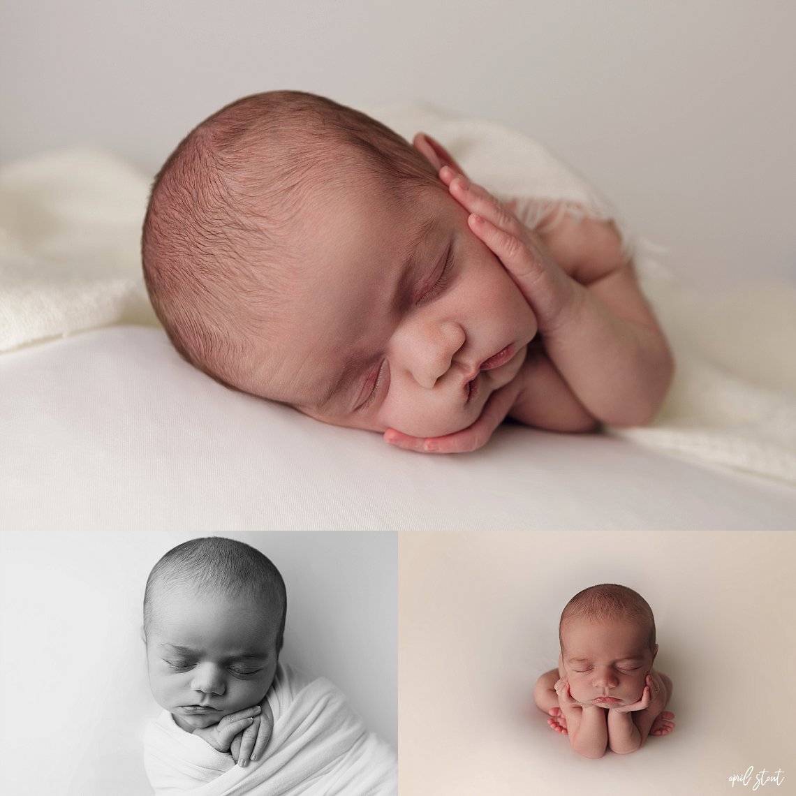 April Stout newborn photographer near Jenks Oklahoma takes photos of baby on a simple white backdrop