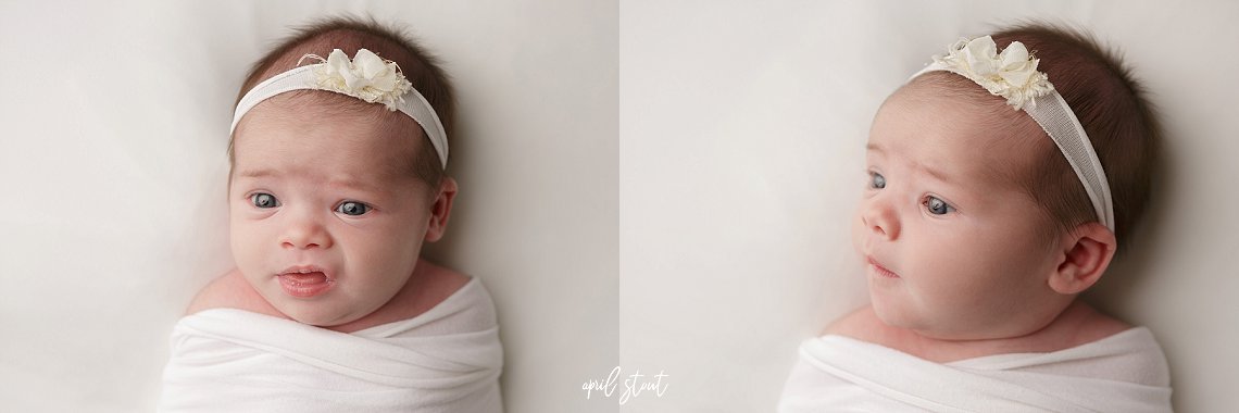 baby girl on simple white backdrop by april stout newborn photographer