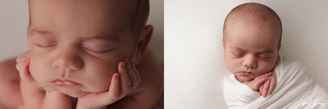 close up of froggy newborn pose and baby swaddled in white wrap by april stout photographer near Tulsa Oklahoma