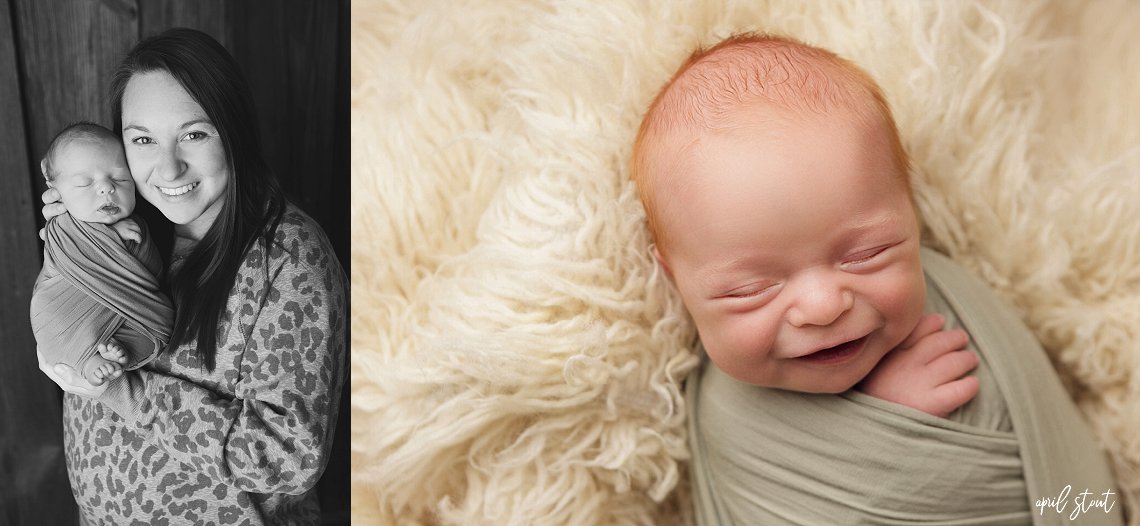 April Stout Tulsa Oklahoma newborn photographer captures baby boy smiling on cream fur rug