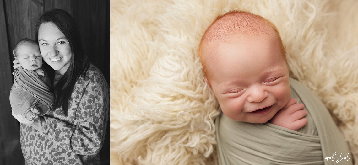 April Stout Tulsa Oklahoma newborn photographer captures baby boy smiling on cream fur rug